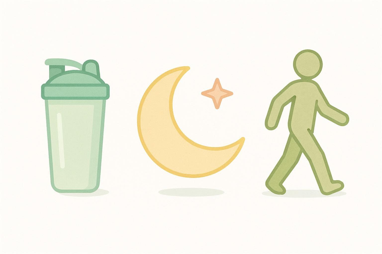 Three icons representing post-workout recovery: a green protein shaker bottle, a yellow crescent moon with a star for sleep, and a green walking figure for active recovery.