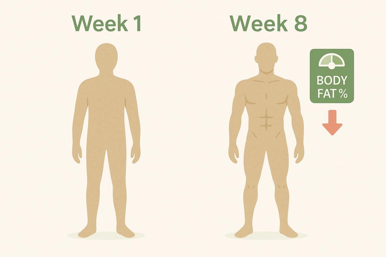 A before and after diagram showing improved muscle definition and lower body fat after an 8-week calisthenics program, with the left figure labeled 'Week 1' showing a less defined body, and the right figure labeled 'Week 8' showing a more muscular and leaner physique, accompanied by an icon indicating a decrease in body fat percentage.
