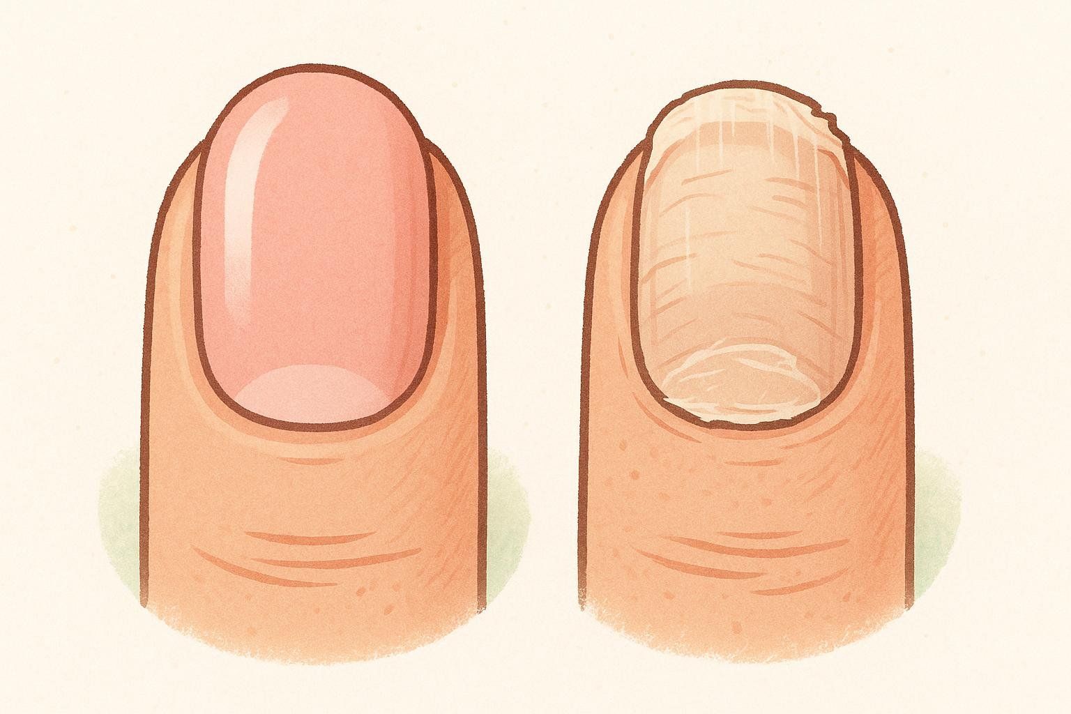 An illustration comparing a strong, healthy fingernail to a brittle, peeling one, a sign of nutrient deficiency. The healthy nail on the left is smooth and pink, while the nail on the right is discolored, shows signs of peeling, and has a rough texture.