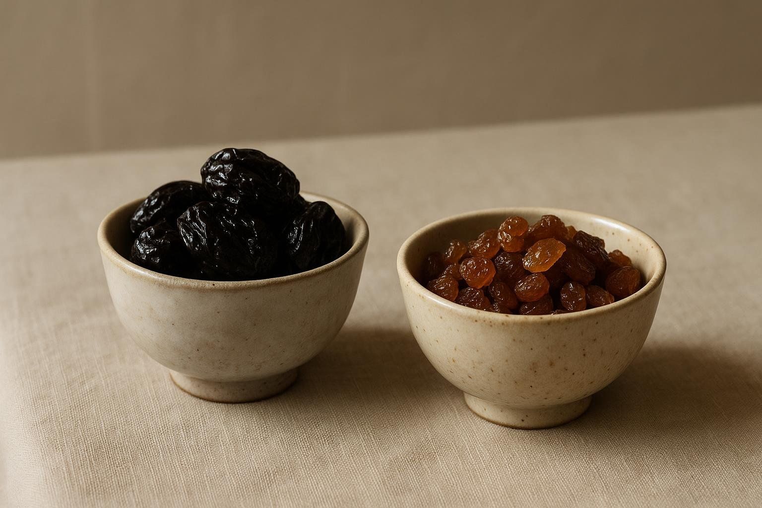 Two small ceramic bowls sit on a light-colored fabric surface. The bowl on the left is filled with dark, wrinkled prunes, and the bowl on the right contains light brown raisins.