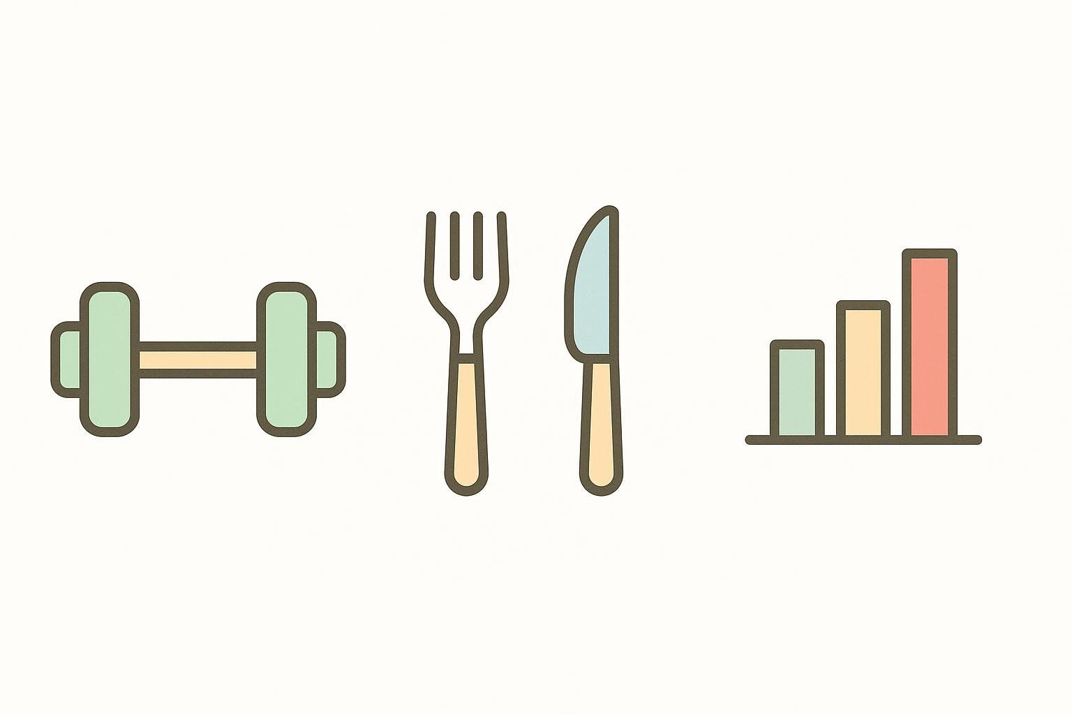 Icons for exercise (dumbbell), nutrition (fork and knife), and data tracking (bar graph), representing a comprehensive wellness strategy.