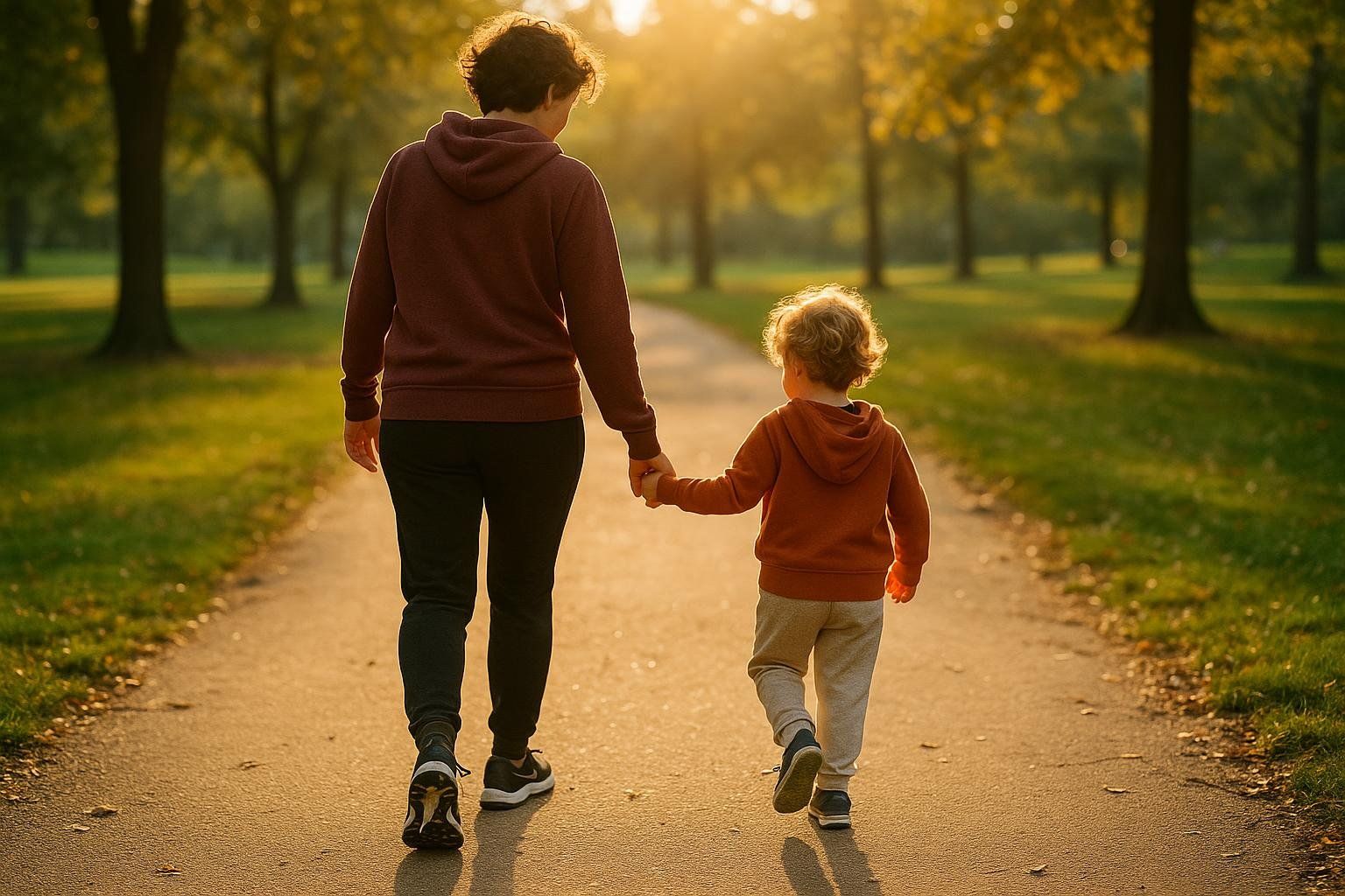 A parent and child walking together in a park, representing a healthy and active lifestyle for busy parents.