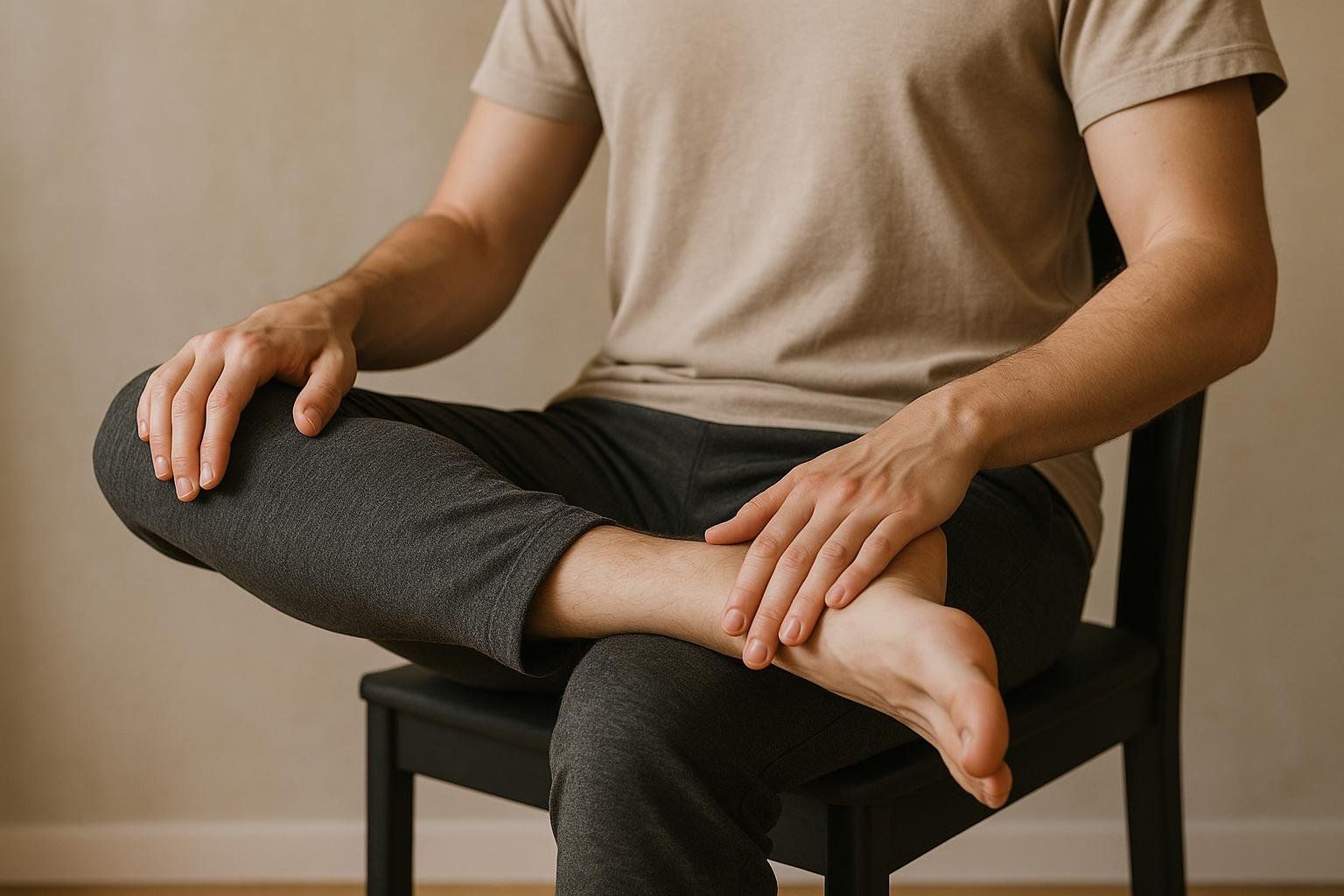 Close-up of a man doing a Figure 4 hip stretch while seated, with his ankle crossed over his opposite thigh and his hand gently resting on his foot.