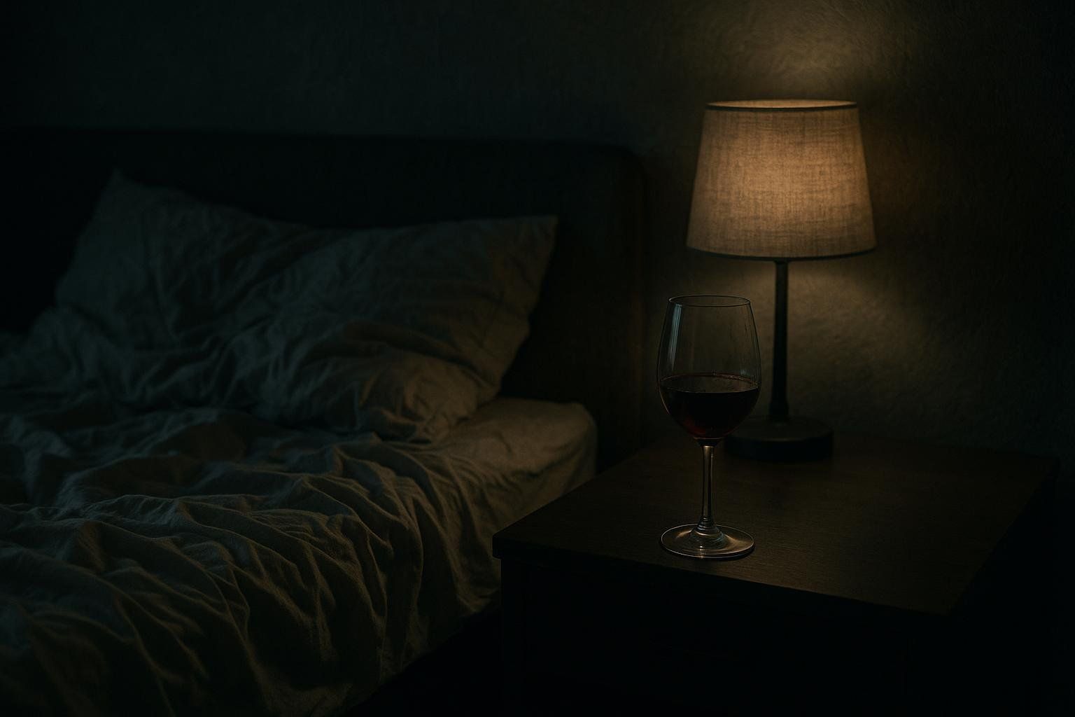 A nightstand with a wine glass next to a messy, unmade bed, illuminated by a warm lamp light, illustrating how alcohol can disrupt sleep.