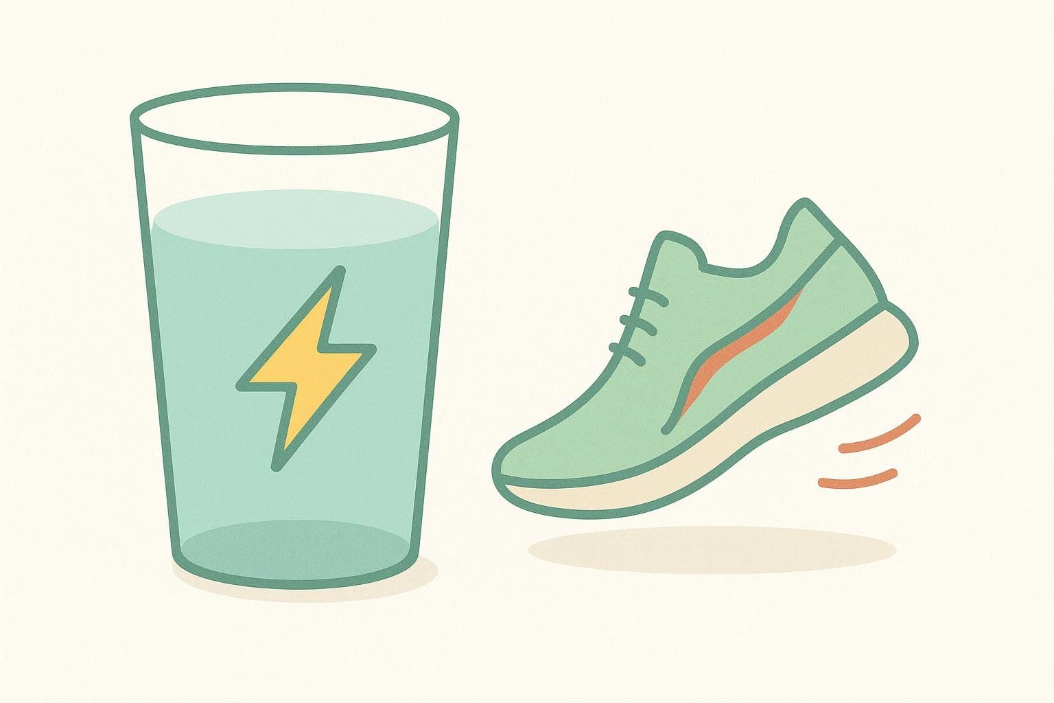 Icons representing hydration with electrolytes and taking short walks to help manage medication side effects like constipation.