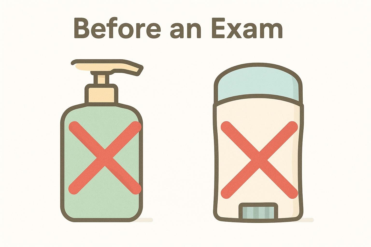 Simple icons showing a crossed-out lotion bottle and deodorant stick, illustrating what not to use before a breast ultrasound. The text 'Before an Exam' is at the top of the image.