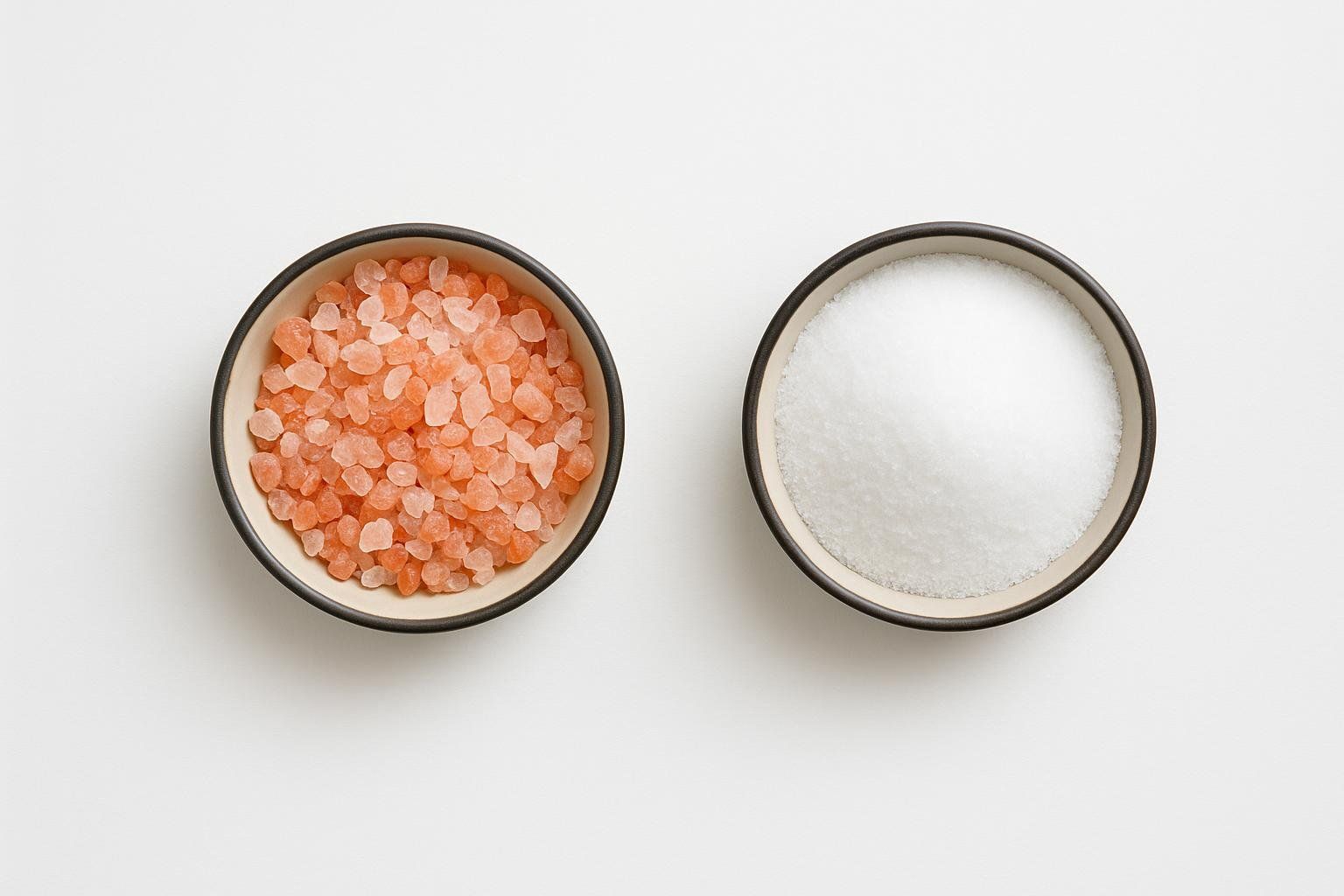 Two small bowls on a white surface, side-by-side. The bowl on the left contains coarse pink Himalayan salt crystals, while the bowl on the right holds fine white table salt.
