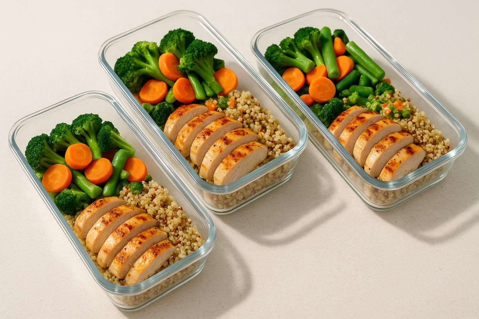 Three meal prep containers filled with healthy, colorful, neatly arranged meals of grilled chicken, quinoa, broccoli, and carrots.
