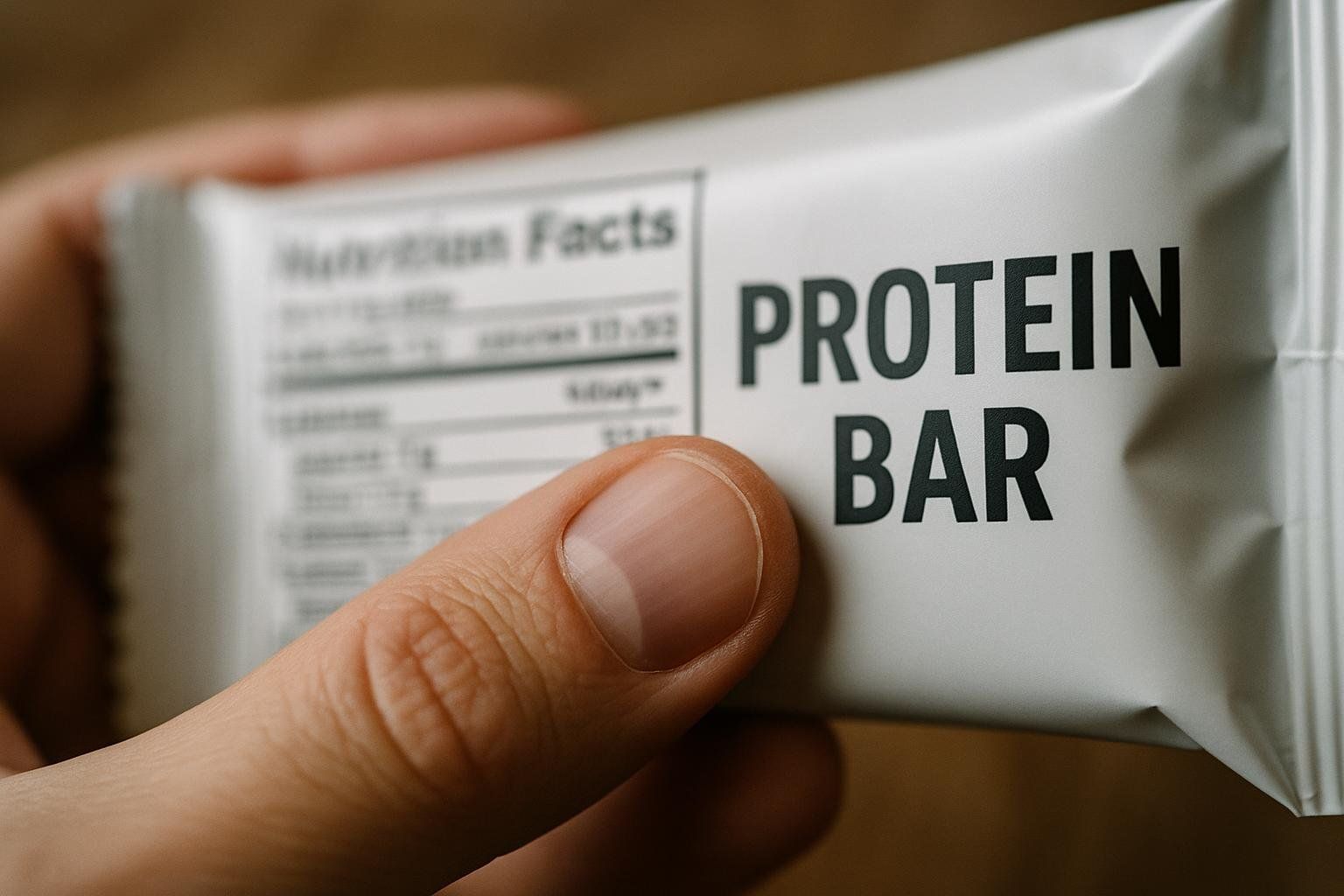 A person carefully reading the nutrition facts label on a protein bar before eating it.