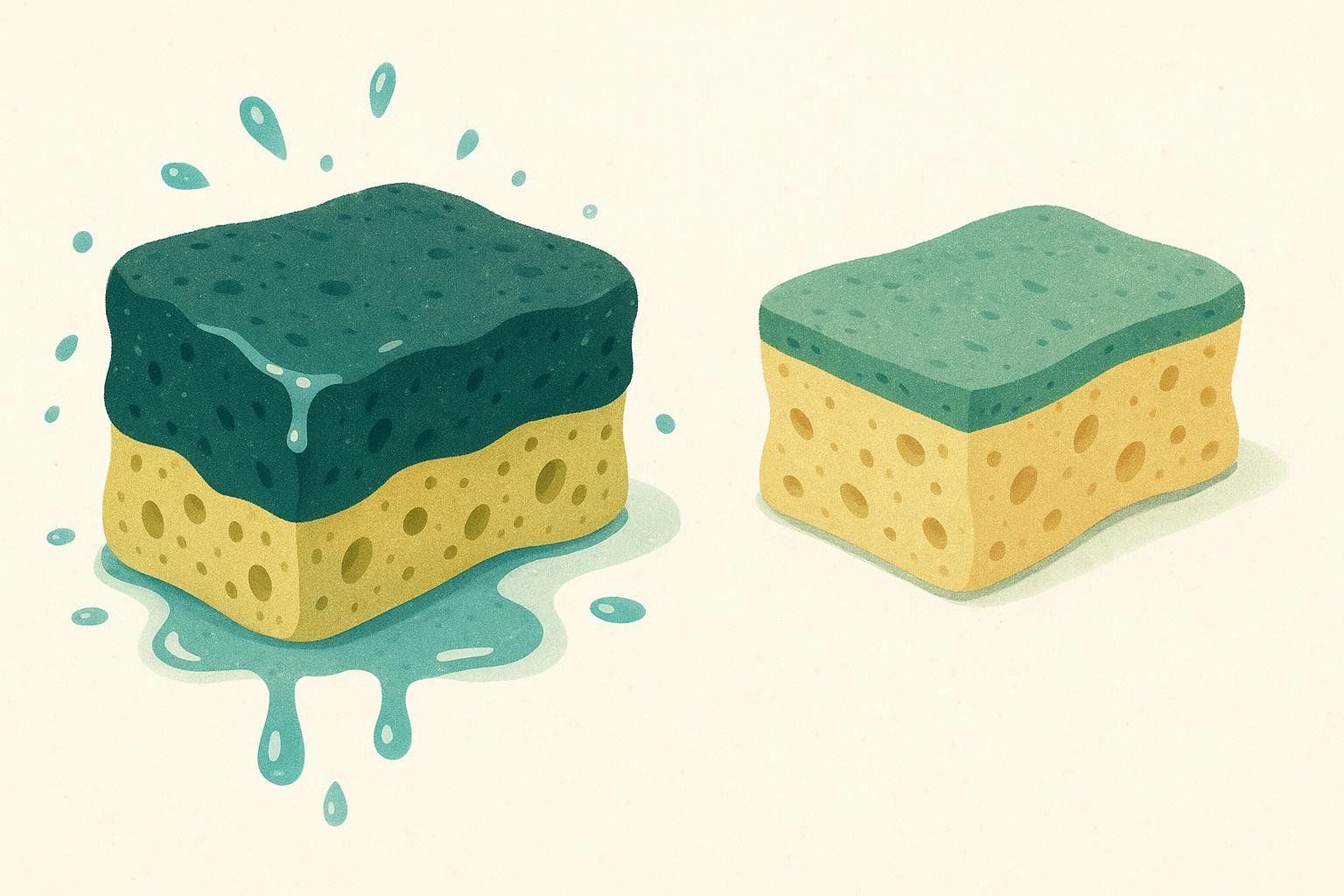 Illustration showing a wet, dripping sponge on the left and a dry sponge on the right.