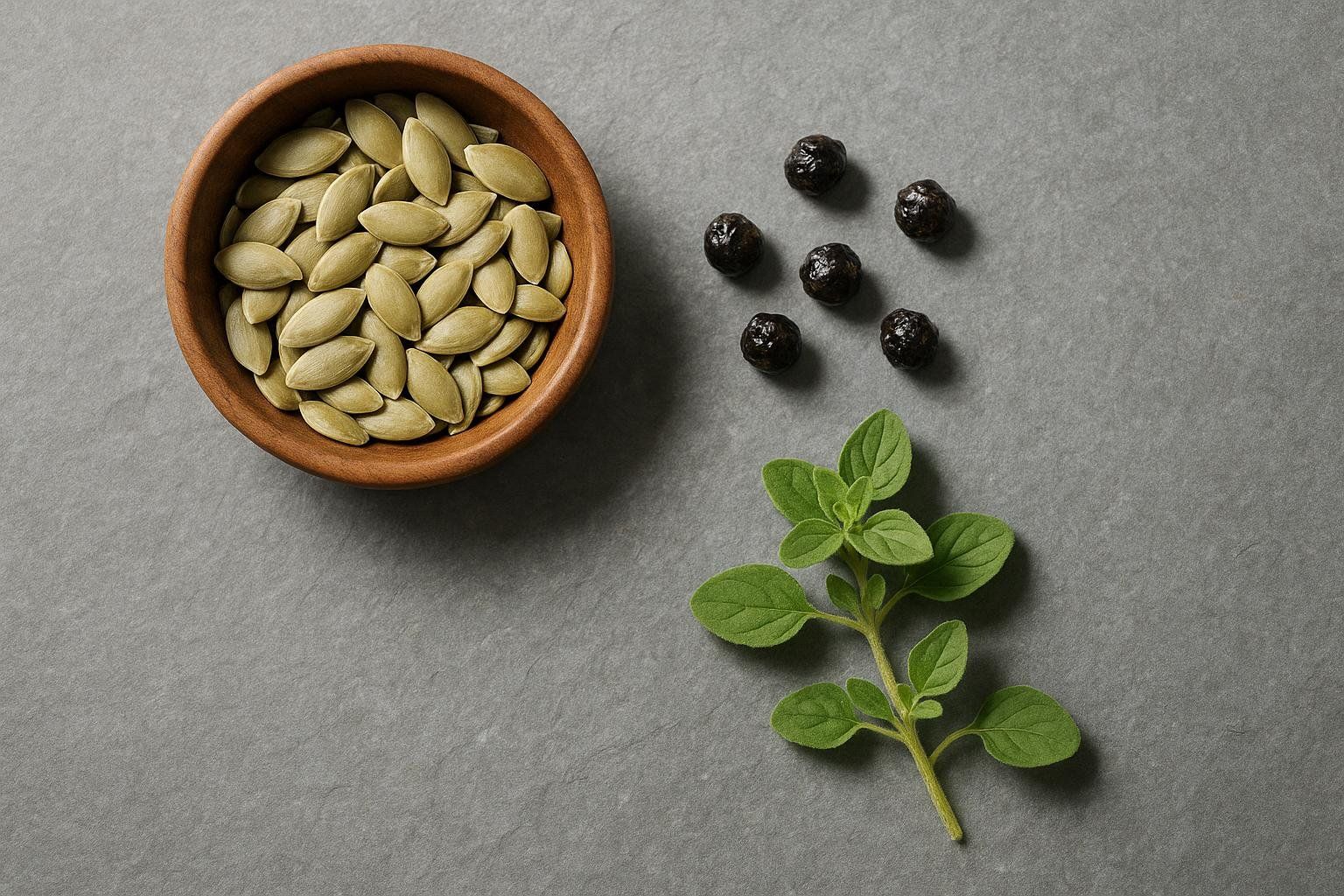 A flat-lay photograph of natural ingredients like pumpkin seeds, papaya seeds, and oregano, which are often found in parasite cleanses.