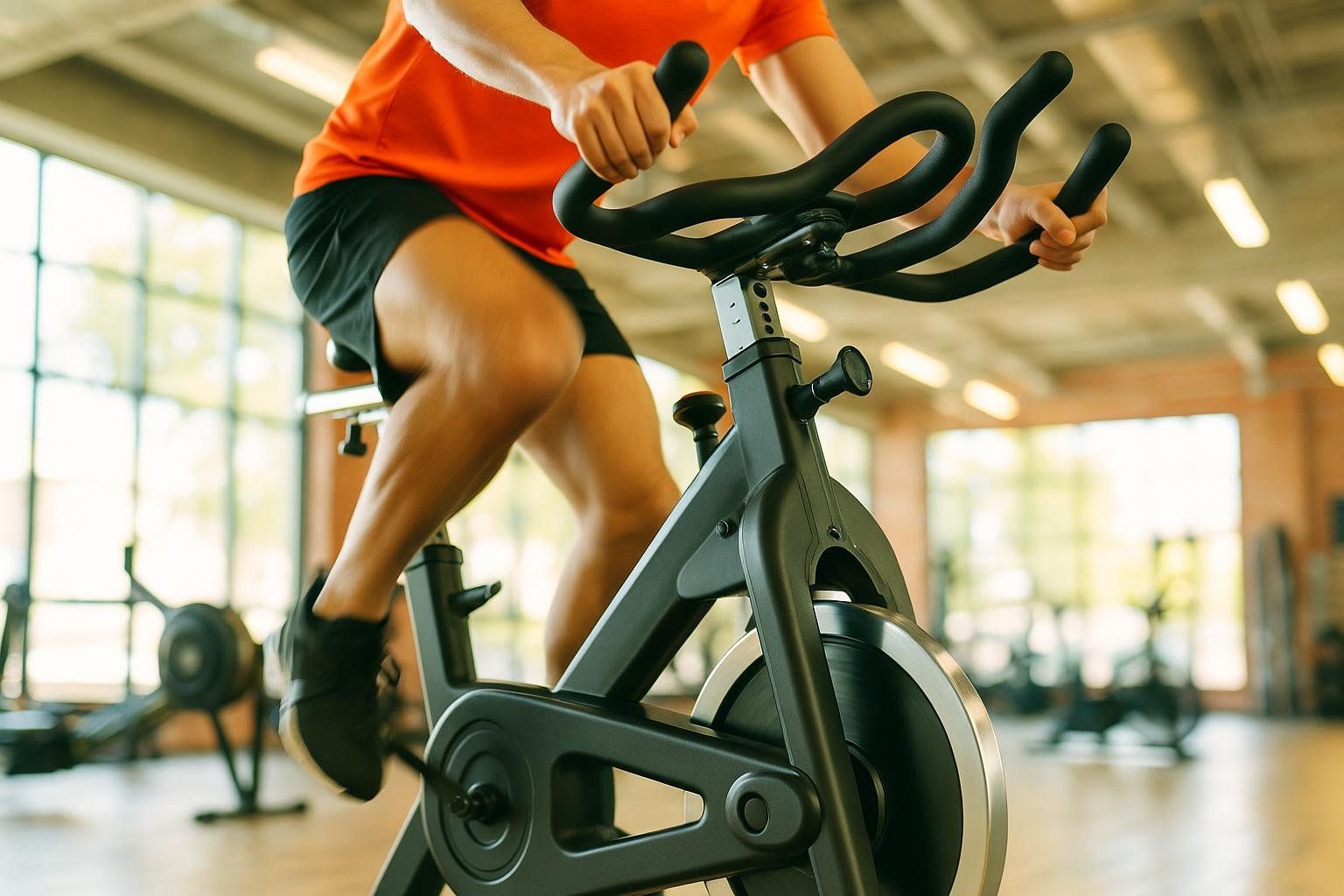 A person's legs pedal quickly on a stationary bike, representing cardio exercise for fat loss.