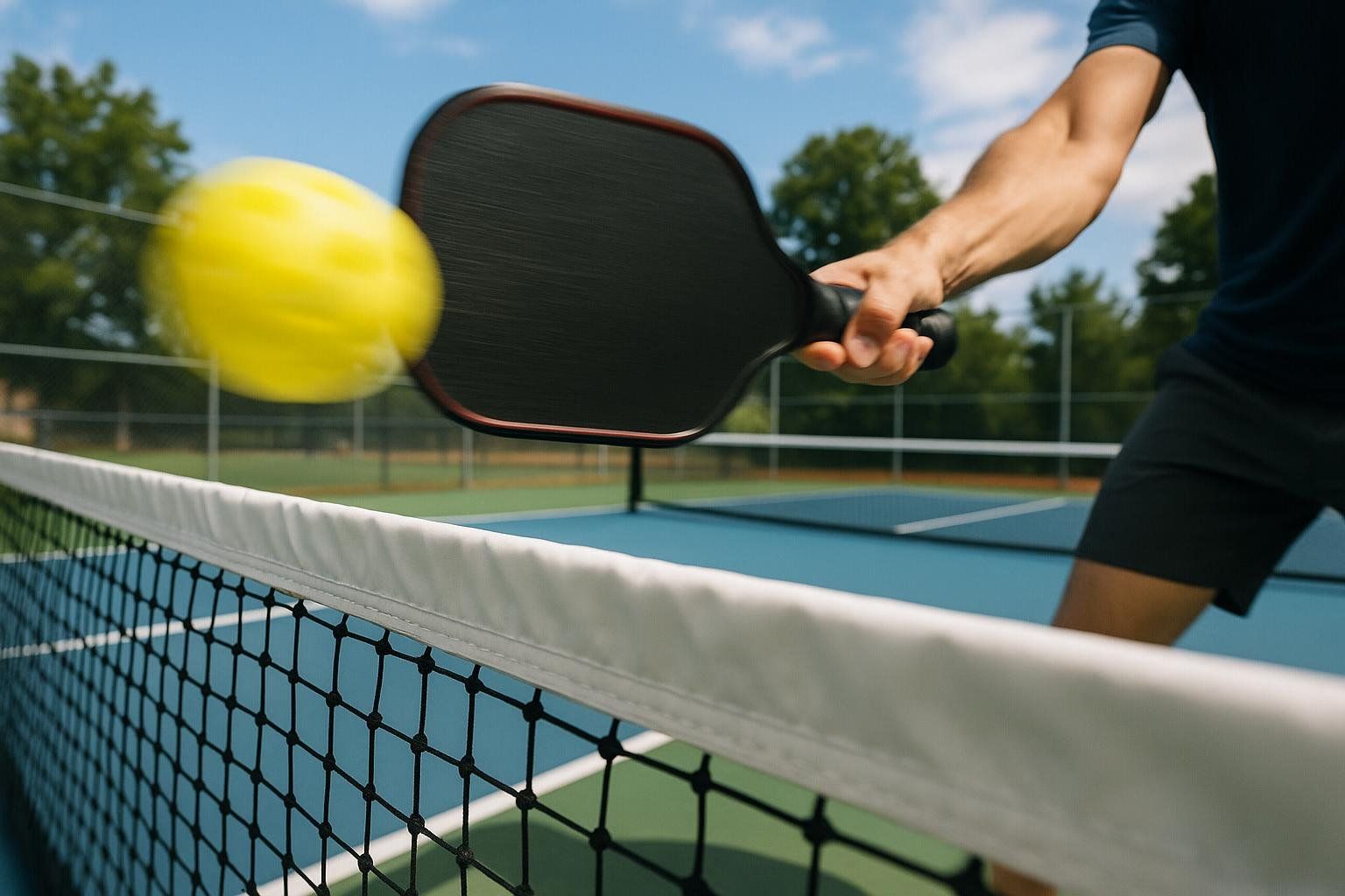 A pickleball paddle hits a yellow ball over the net on an outdoor court, capturing action in the sport.