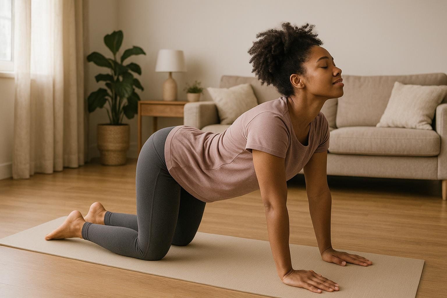 Person performing a gentle yoga stretch for active recovery in living room, part of the 75 Soft daily movement.