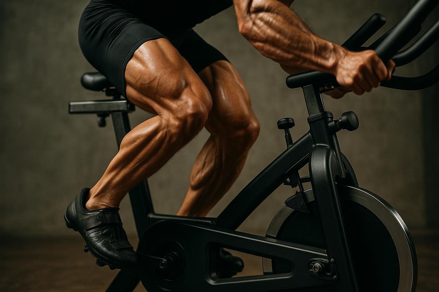 Close-up of a male athlete's muscular legs and arms pedaling intensely on a black stationary bike, emphasizing movement and exertion during a workout.