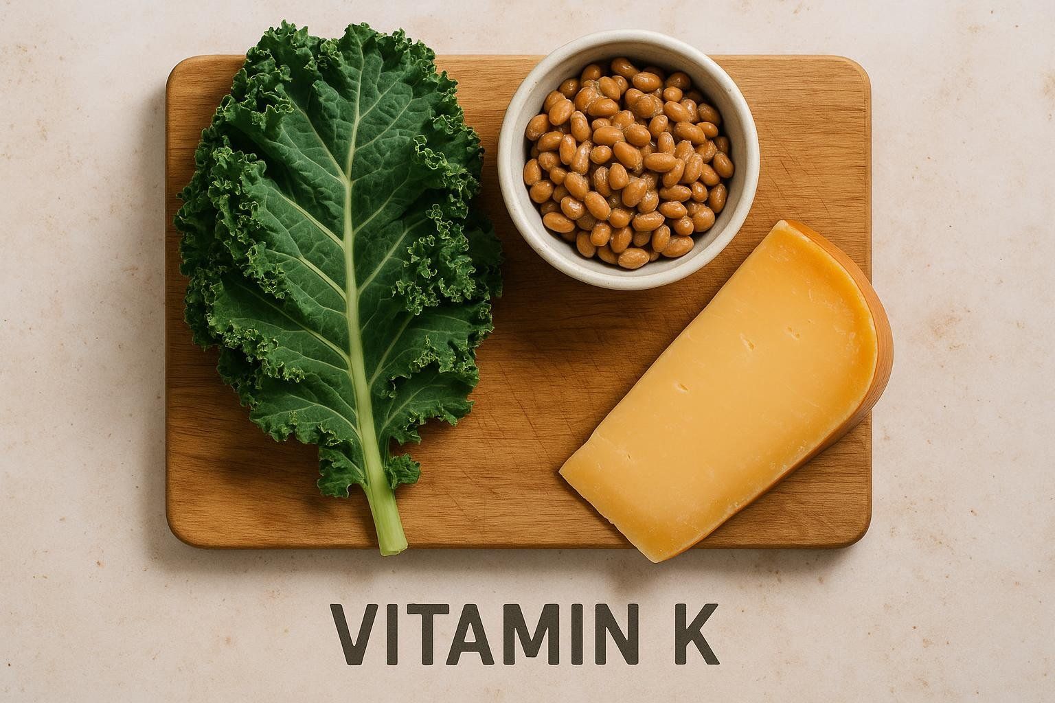 Food sources of Vitamin K, including kale (K1) and natto and aged cheese (K2), laid out on a wooden cutting board with the words 'VITAMIN K' written below.