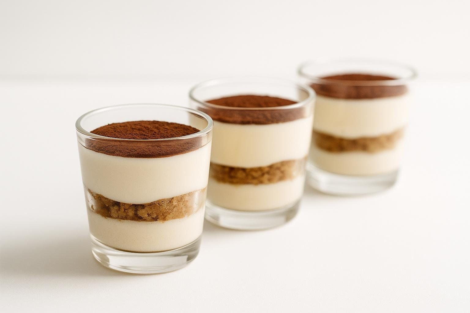 Three single-serving dessert cups identified as tiramisu, lined up to illustrate portion control for healthy desserts.