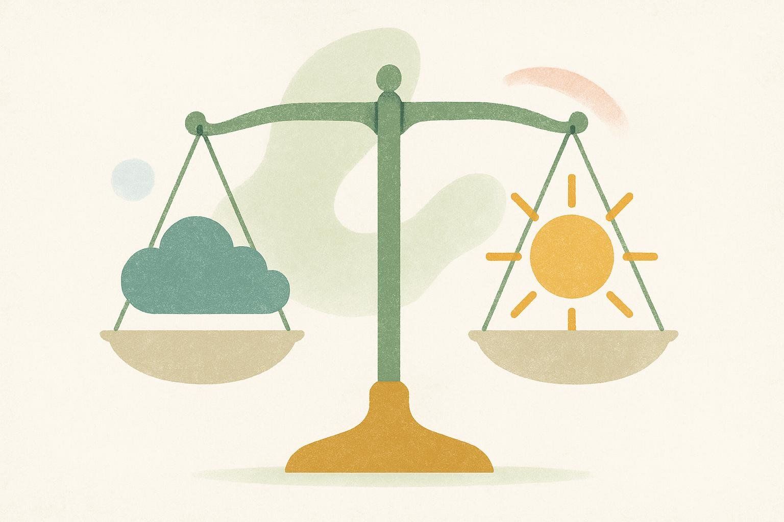 An illustration of a balance scale. On the left side is a cloud, representing side effects. On the right side is a sun, representing mitigation of side effects.