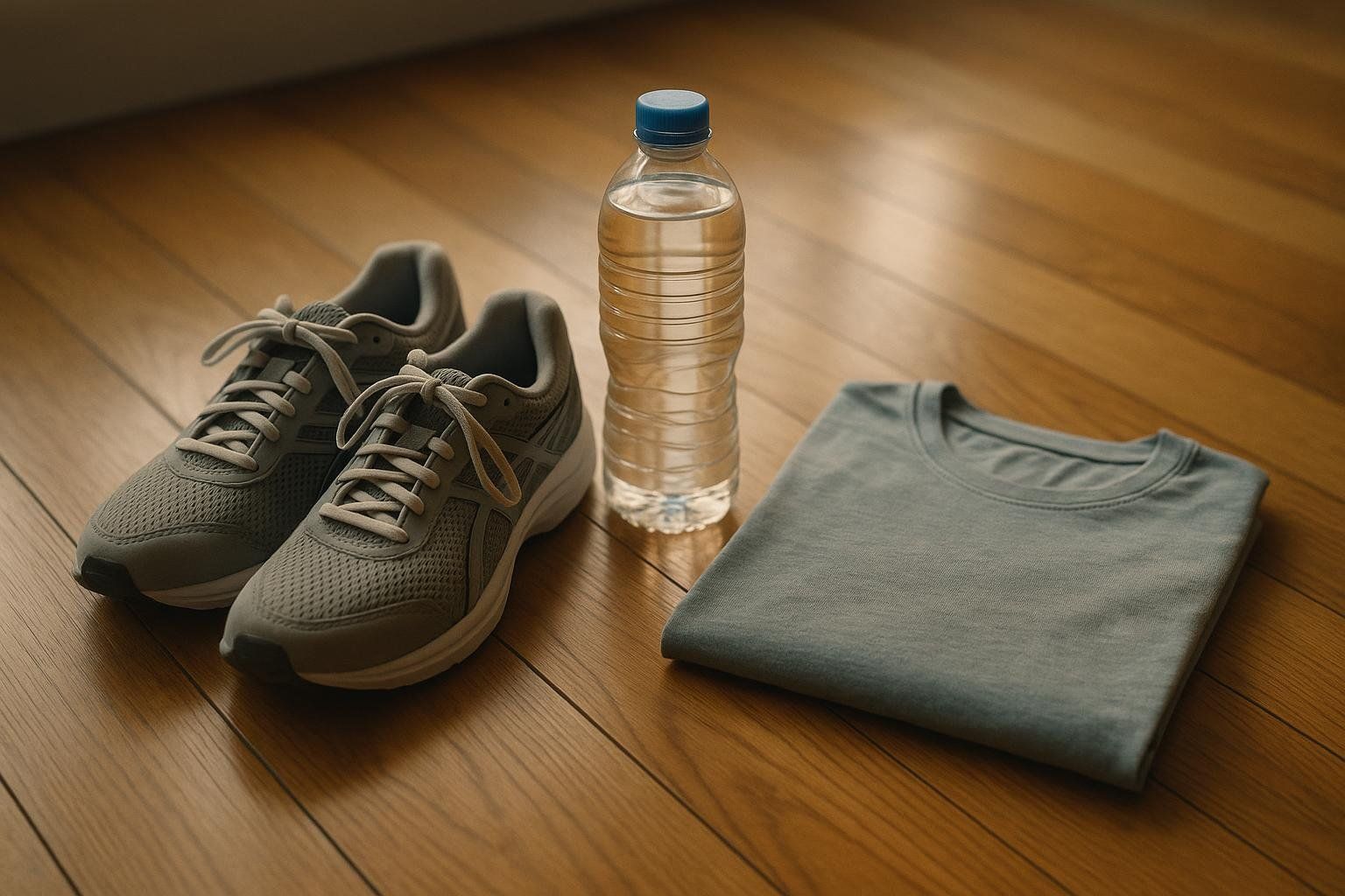 Running shoes, a bottle of water, and a folded t-shirt laid out on a wooden floor, suggesting preparation for a workout or a DEXA scan.