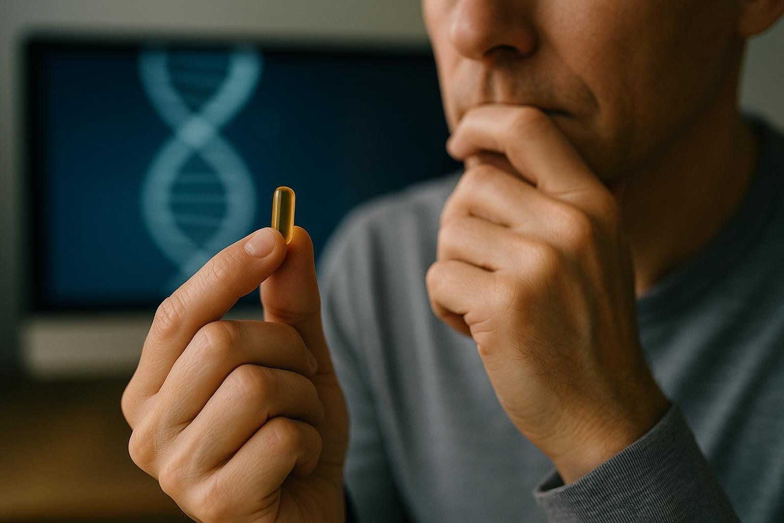 A close-up of a person's hand holding a single translucent yellow supplement capsule. In the blurry background, a monitor displays a subtle DNA double helix graphic, and the person's face is partially visible, appearing to be in thought or contemplation.