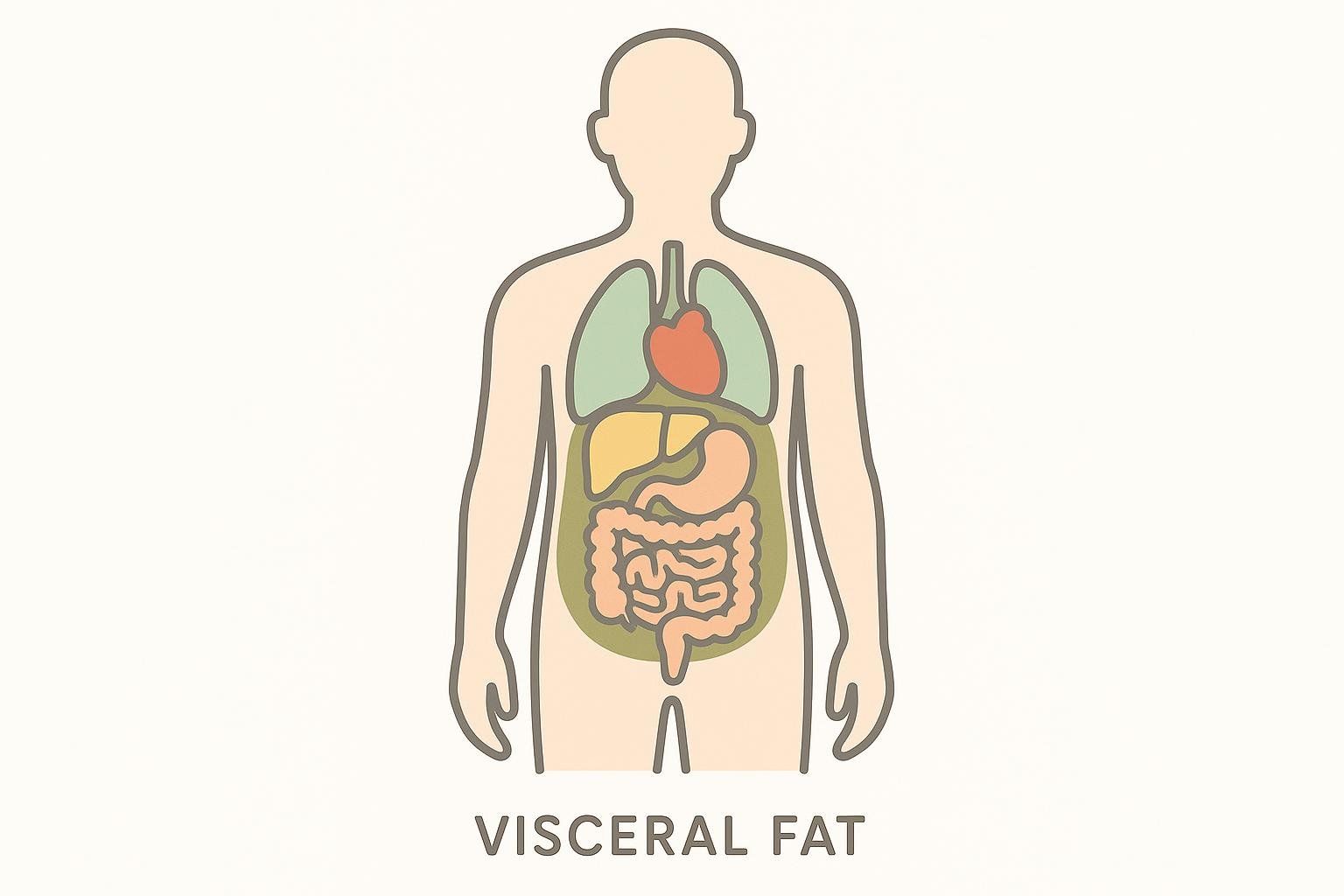 A simplified diagram of the human torso showing internal organs (lungs, heart, liver, stomach, intestines) surrounded by a layer of yellowish-green fat, labeled "VISCERAL FAT" below.