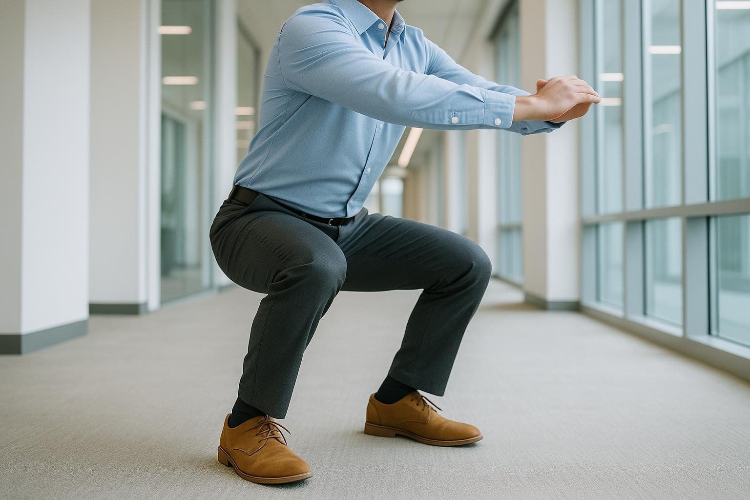 A person in a light blue shirt and dark grey pants doing a squat in an office hallway with large windows. This illustrates a quick movement break to boost alertness.