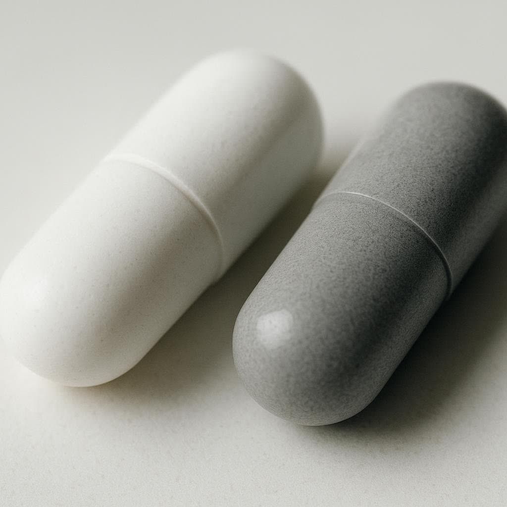 Two different pill capsules, symbolizing the choice between different types of estrogen blockers for men, such as AIs and SERMs.