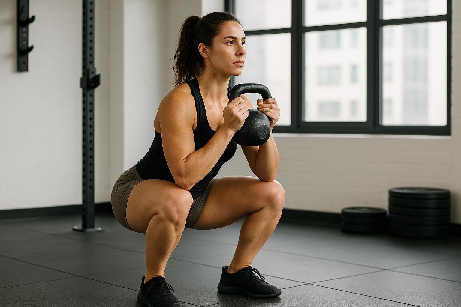 A woman with her hair tied back in a ponytail performs a goblet squat in a gym, holding a kettlebell with both hands at chest level. She is wearing a black tank top, dark shorts, and black athletic shoes, demonstrating good form in a squatting position. In the background, there's a squat rack and a window.