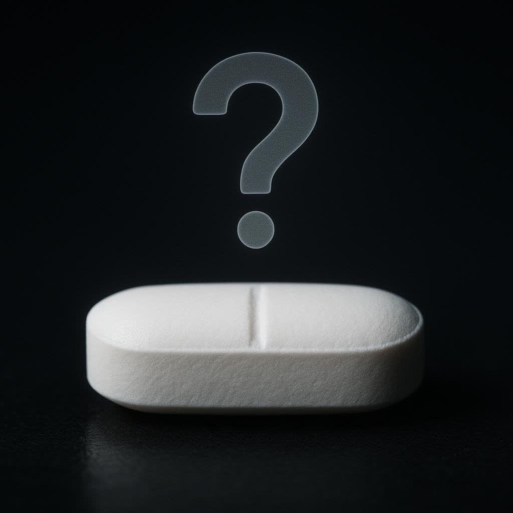 A single pill with a question mark above it, questioning the safety and efficacy of MK-677.