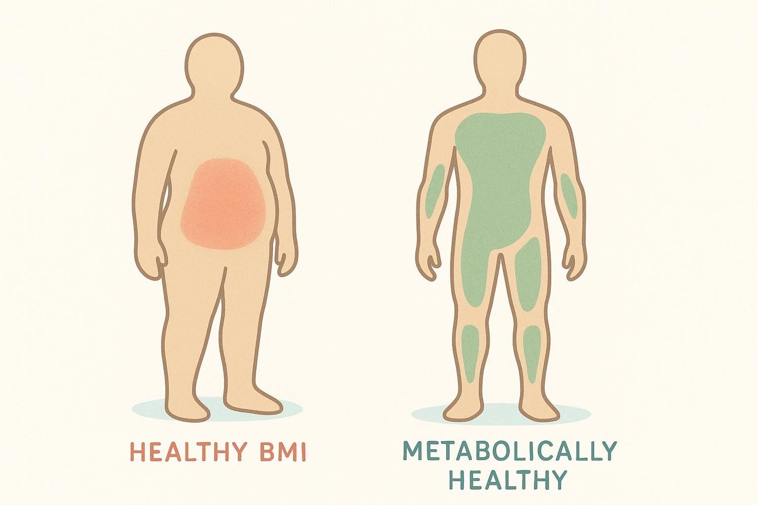 Illustration showing a person with a "Healthy BMI" who has hidden visceral fat in their abdomen, contrasted with a person who is "Metabolically Healthy" and has more muscle mass throughout their body.