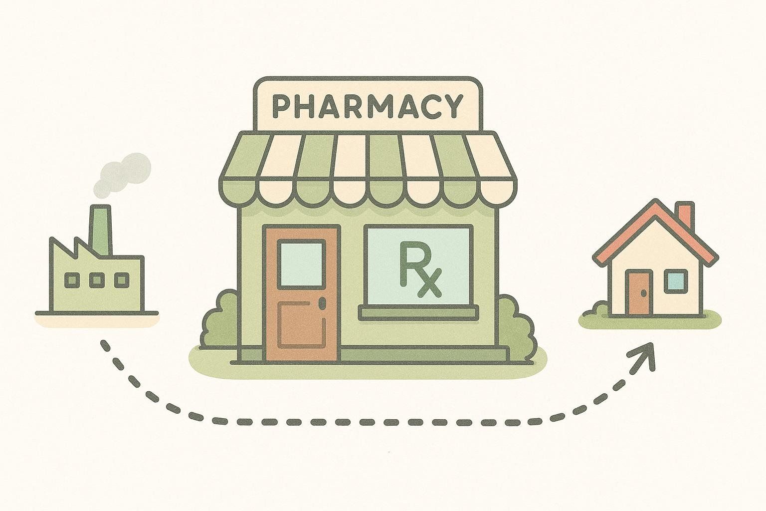Illustration showing a direct delivery route from a factory building to a house, bypassing a pharmacy store in between. A dotted line with an arrow indicates the path.