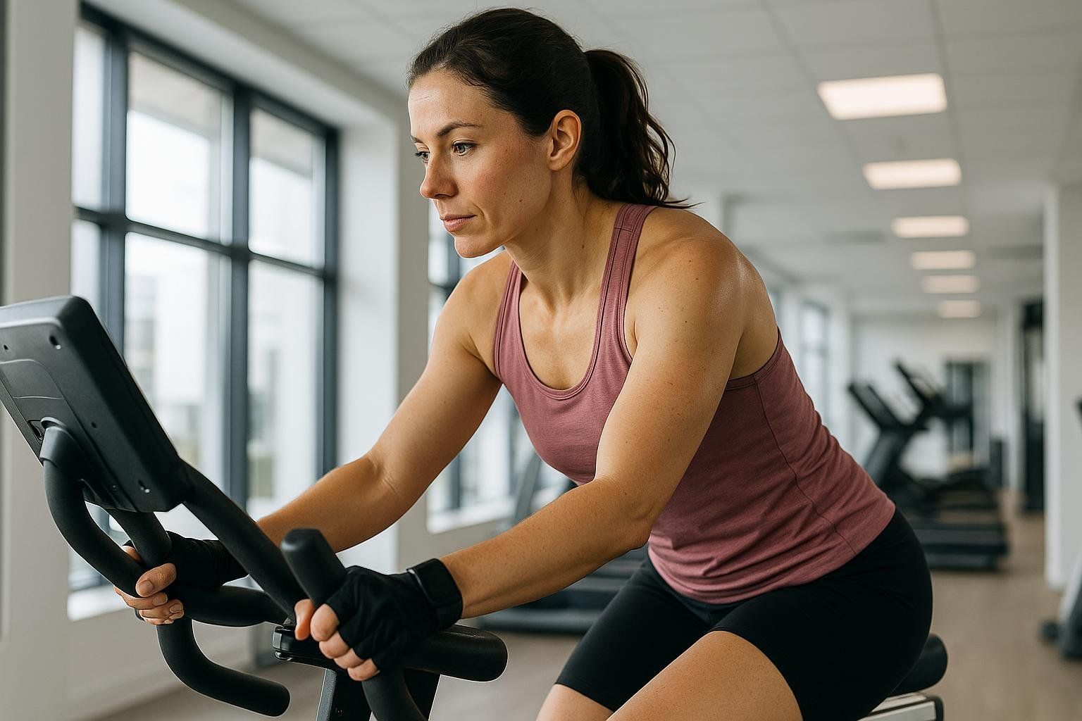 A woman performing steady-state cardio on a bike, a type of exercise that can help raise ketone levels.
