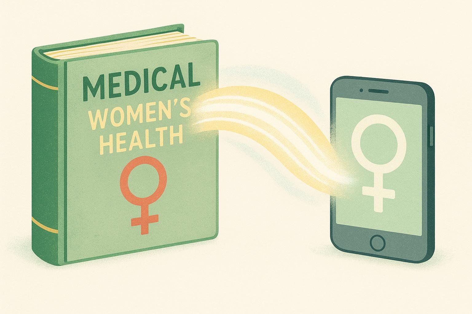 An illustration showing a green book titled 'Medical Women's Health' with a female gender symbol on its cover, connected by glowing light to a smartphone displaying the same female gender symbol. This symbolizes the evolution and digitization of women's health information from traditional books to modern technology, or bridging research gaps in women's health.