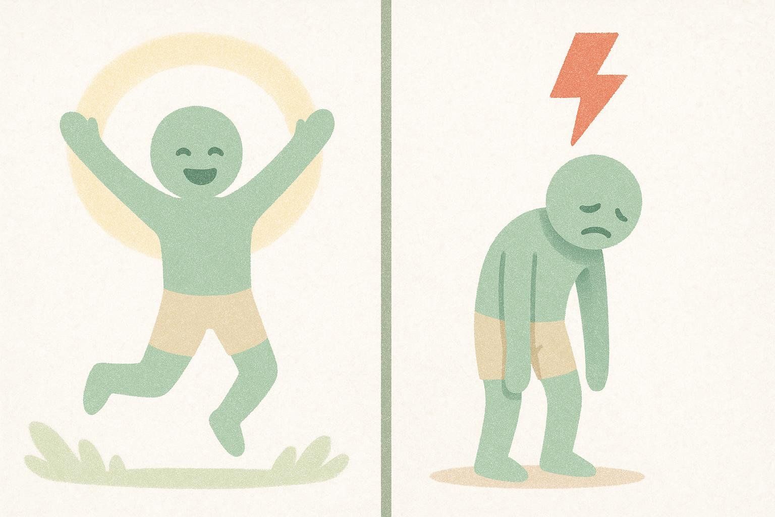 An illustration contrasting an energetic, rested figure with a burnt-out one, highlighting the mistake of overtraining.