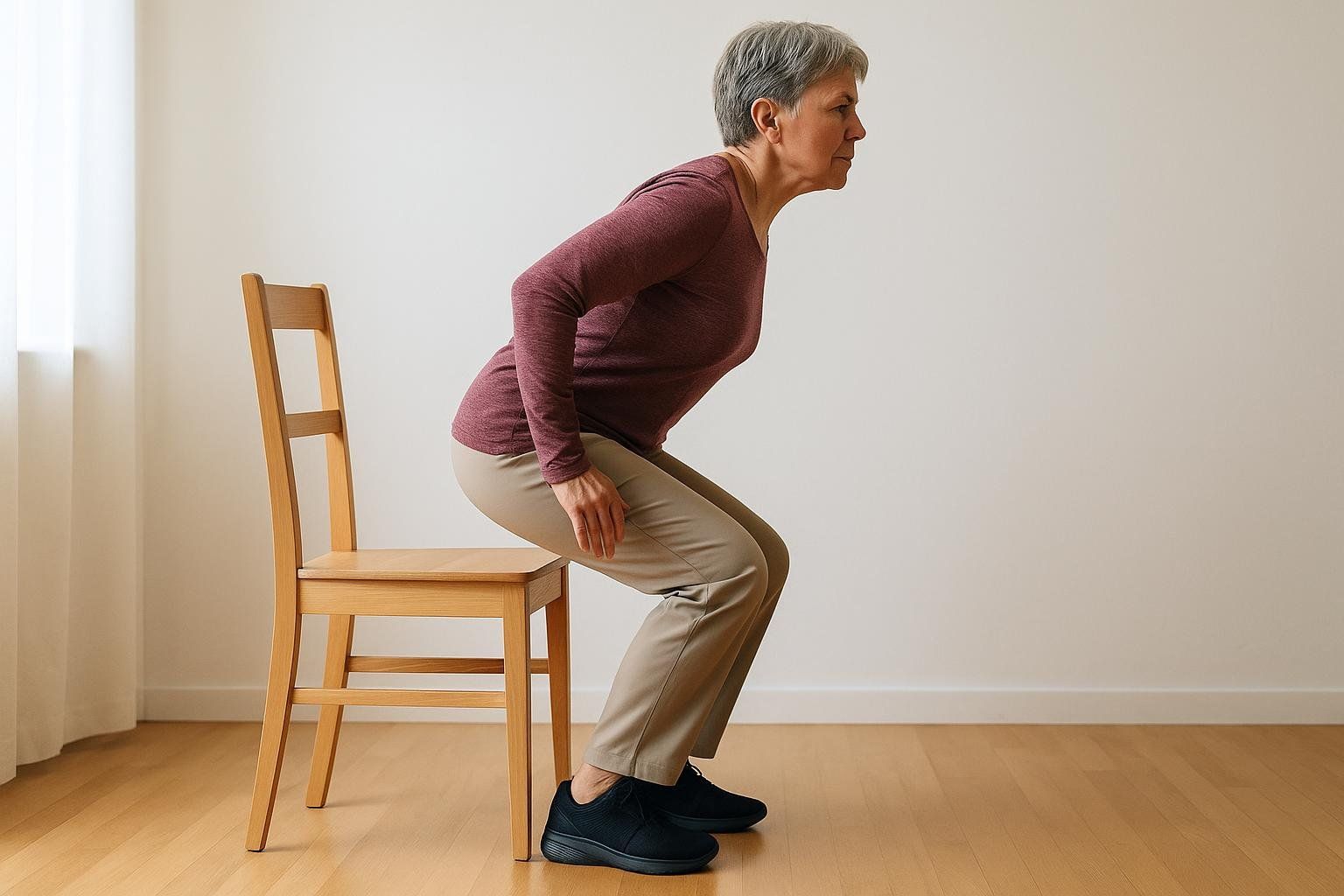 An older person performing the chair stand test, rising from a chair without hand support, to assess lower body strength as a sign of sarcopenia.