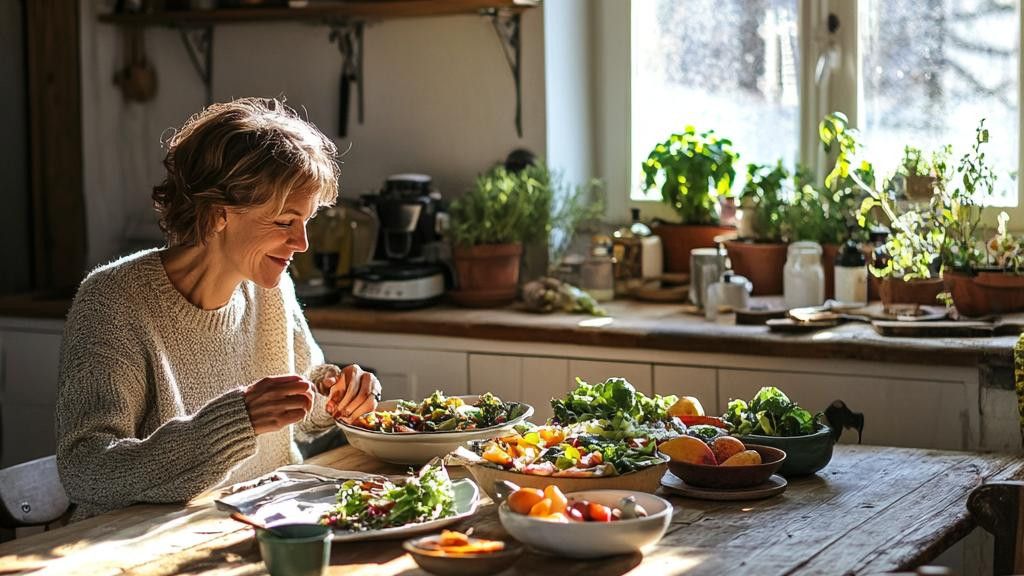 A woman in a beige sweater smiles as she eats a healthy meal from several bowls and plates filled with salad, vegetables, and fruit placed on a wooden table. The background shows a bright kitchen counter with potted plants and a window.