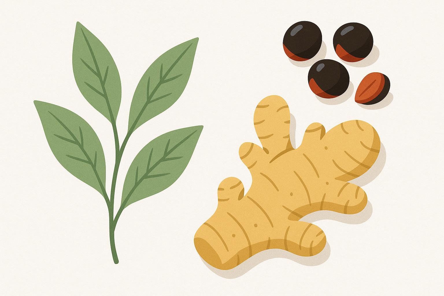 A stylized flat lay illustration of a green tea leaf branch, several guarana seeds (some whole, one split showing its red interior), and a ginger root, all key ingredients often found in thermogenic blends.
