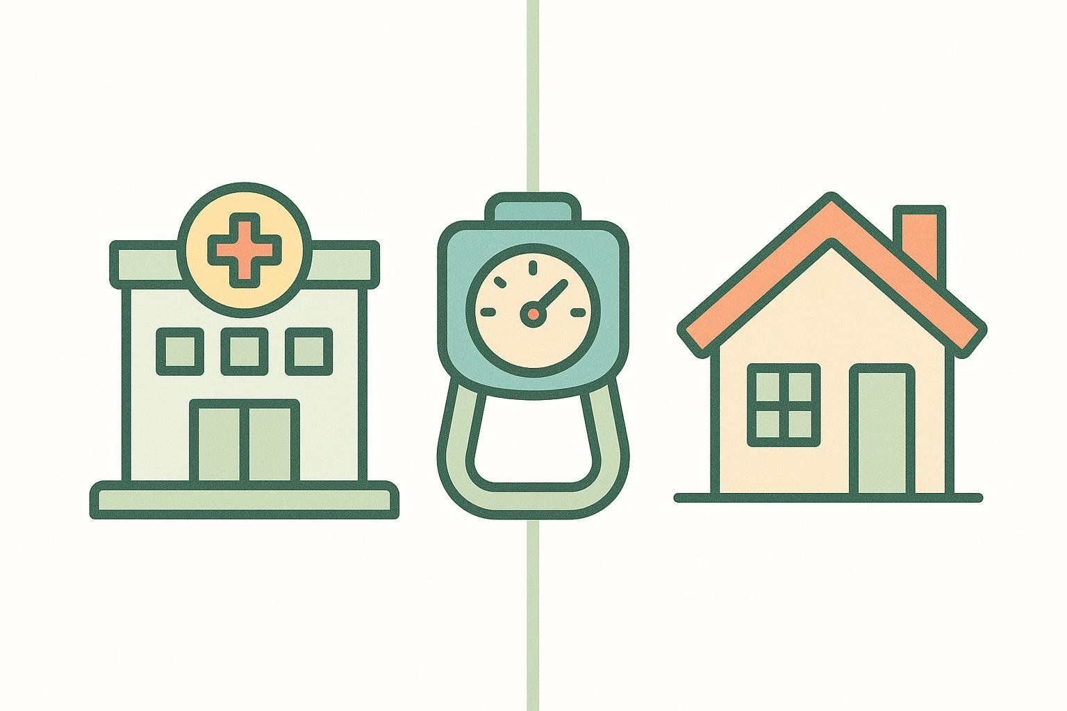 An illustration showing a grip strength tester between an icon of a clinic and an icon of a house, indicating its use in both clinical and home settings.