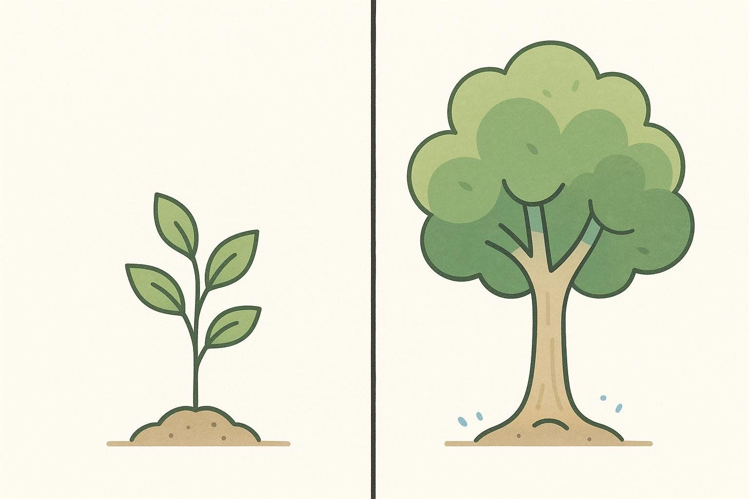 An illustration in two panels, showing a small sapling on the left growing into a lush green tree on the right, symbolizing growth or improvement over time.