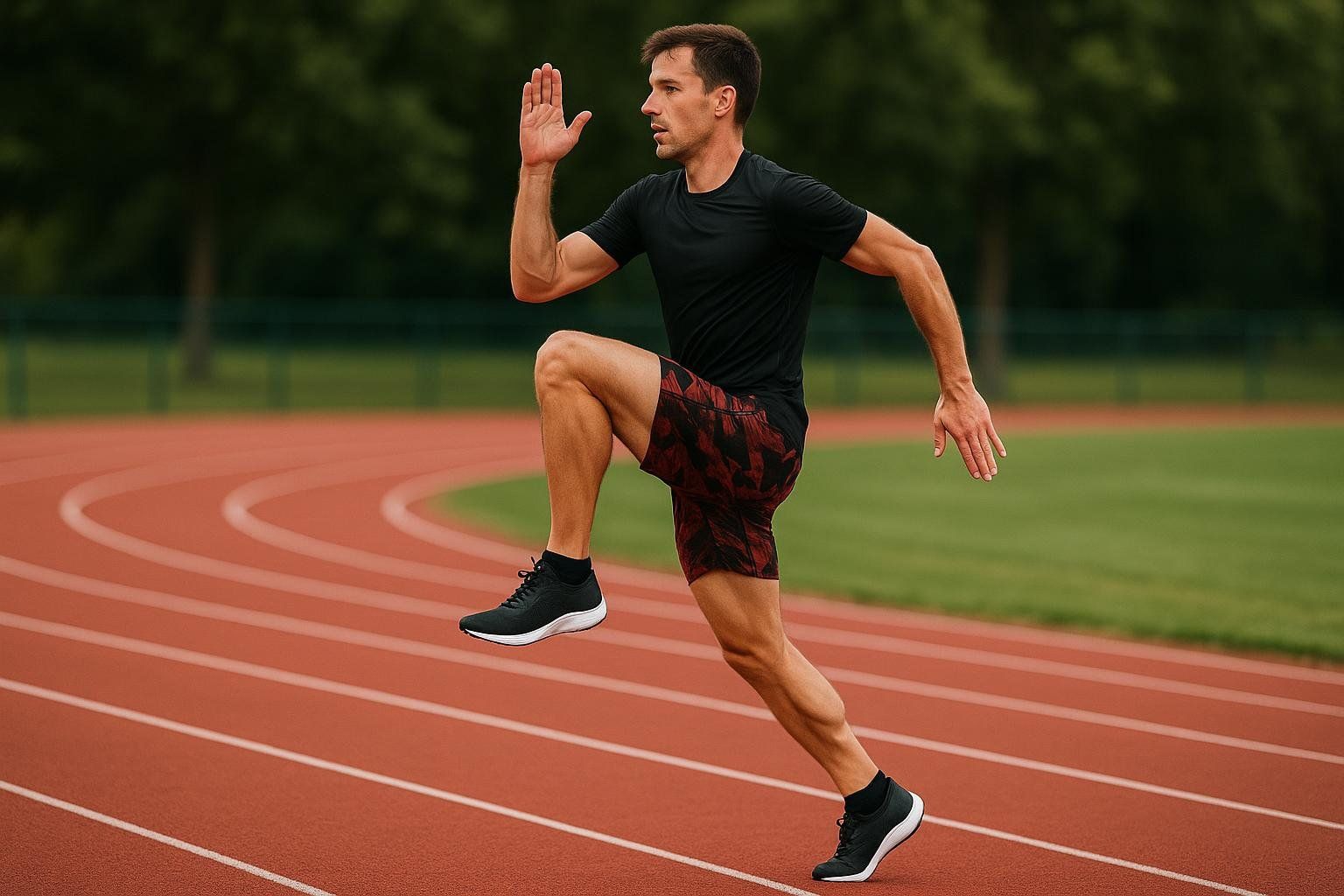 A male runner demonstrates a high-knees drill on a red track, showing strong form ideal for speed and agility training.