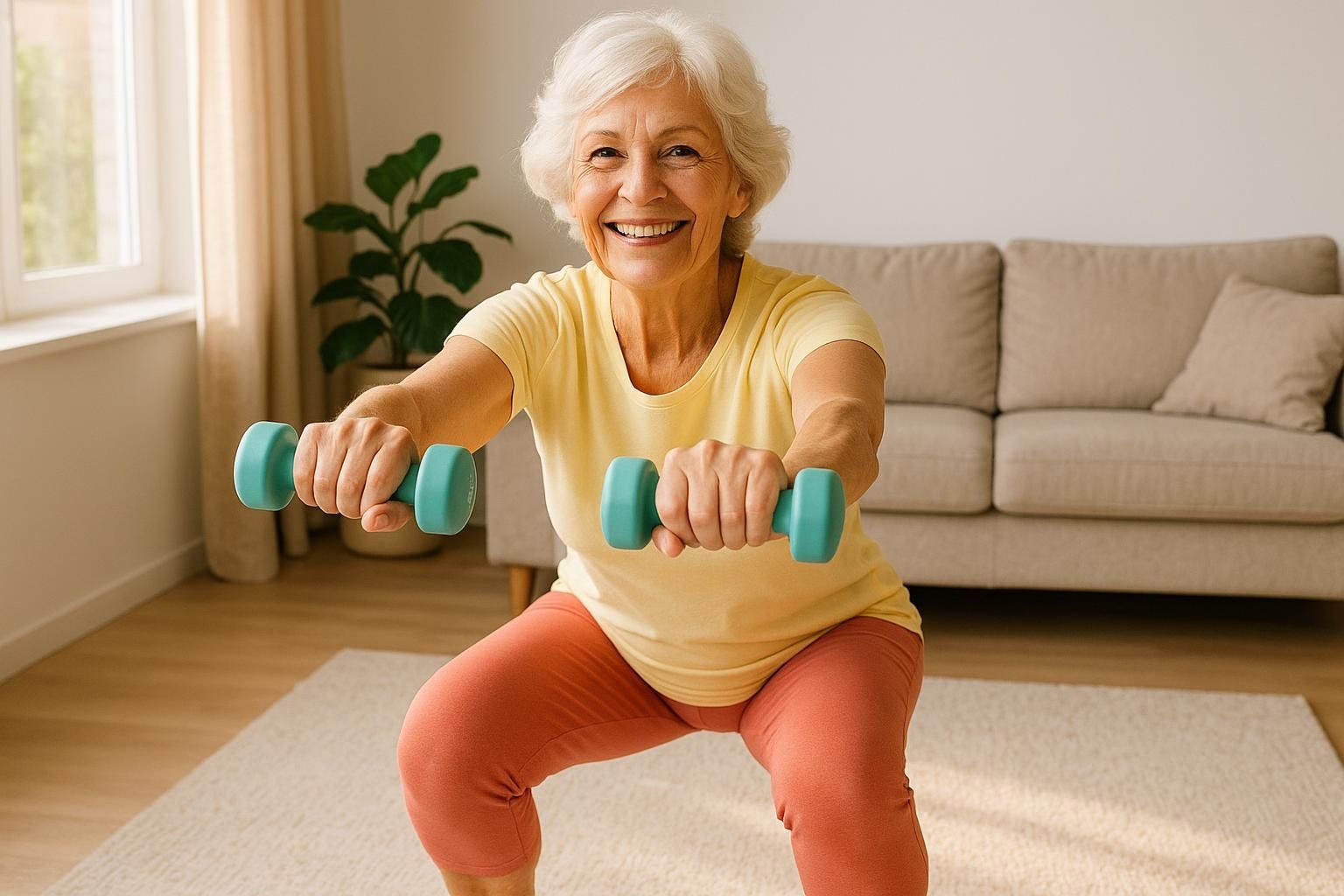 A smiling older woman with white hair performs a squat exercise while holding light blue dumbbells in a living room setting, demonstrating active senior fitness.