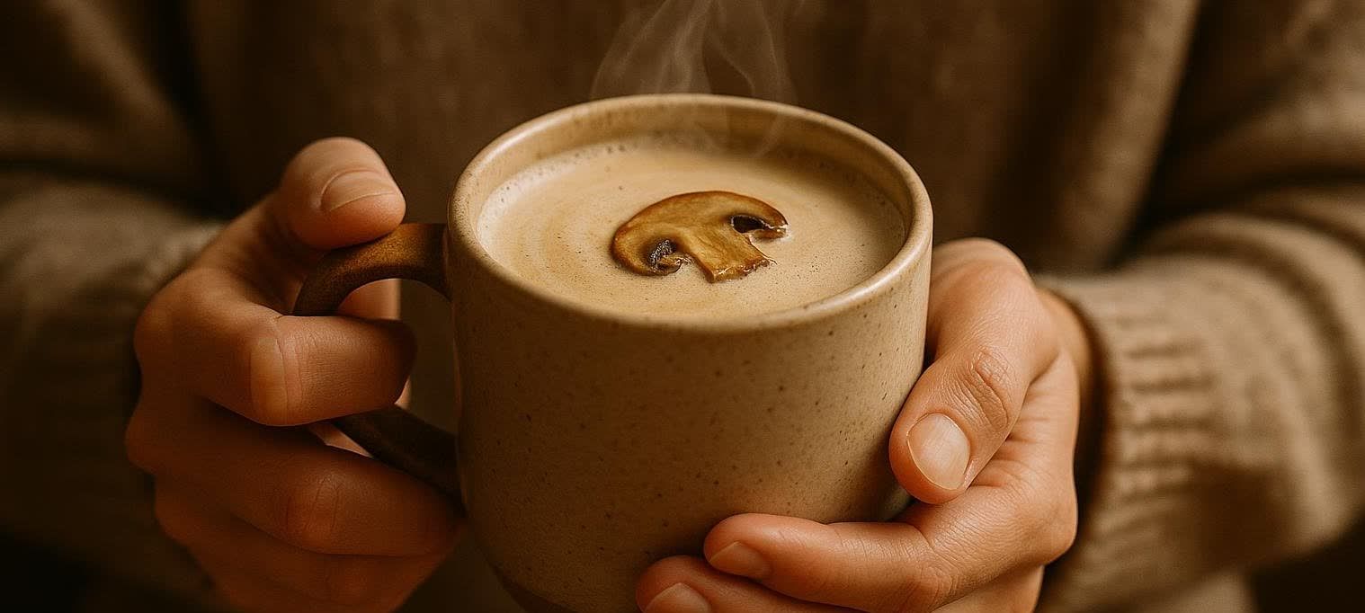 A person's hands delicately hold a steaming mug of a creamy adaptogen latte, topped with a single slice of mushroom. The warm beverage, with visible steam, evokes a sense of comfort and a unique flavor profile.