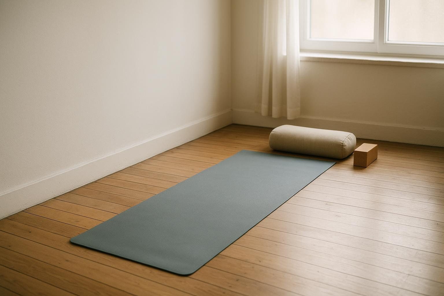 A grey yoga mat laid on a light wood floor in a calm room with a bolster and a wooden block near a window with sheer curtains. The room has light wall trim and off-white walls.