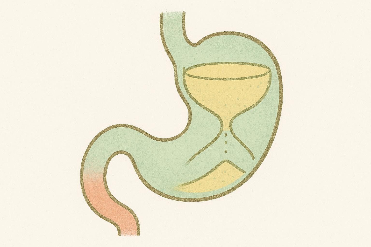 An illustration of a stomach with an hourglass inside, where sand is slowly falling. The image symbolizes slow digestion or gastroparesis, and its link to gastrointestinal side effects.