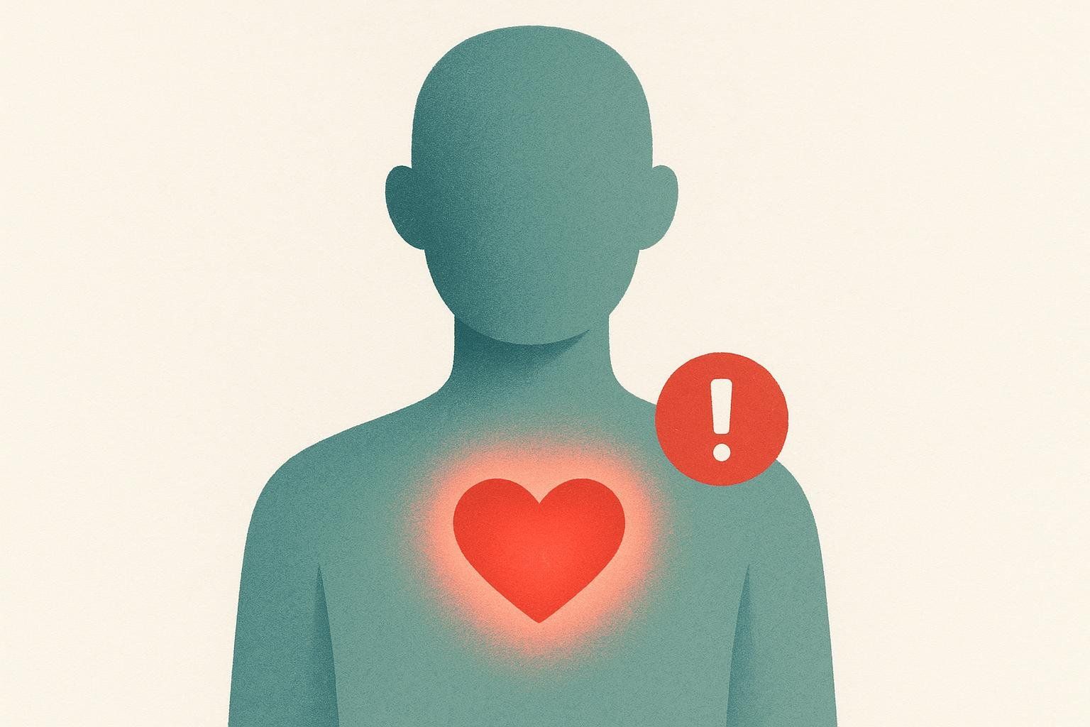 An illustration of a human torso with a glowing red heart in the chest area and a red exclamation mark warning icon near the shoulder, symbolizing a heart condition or high blood pressure.