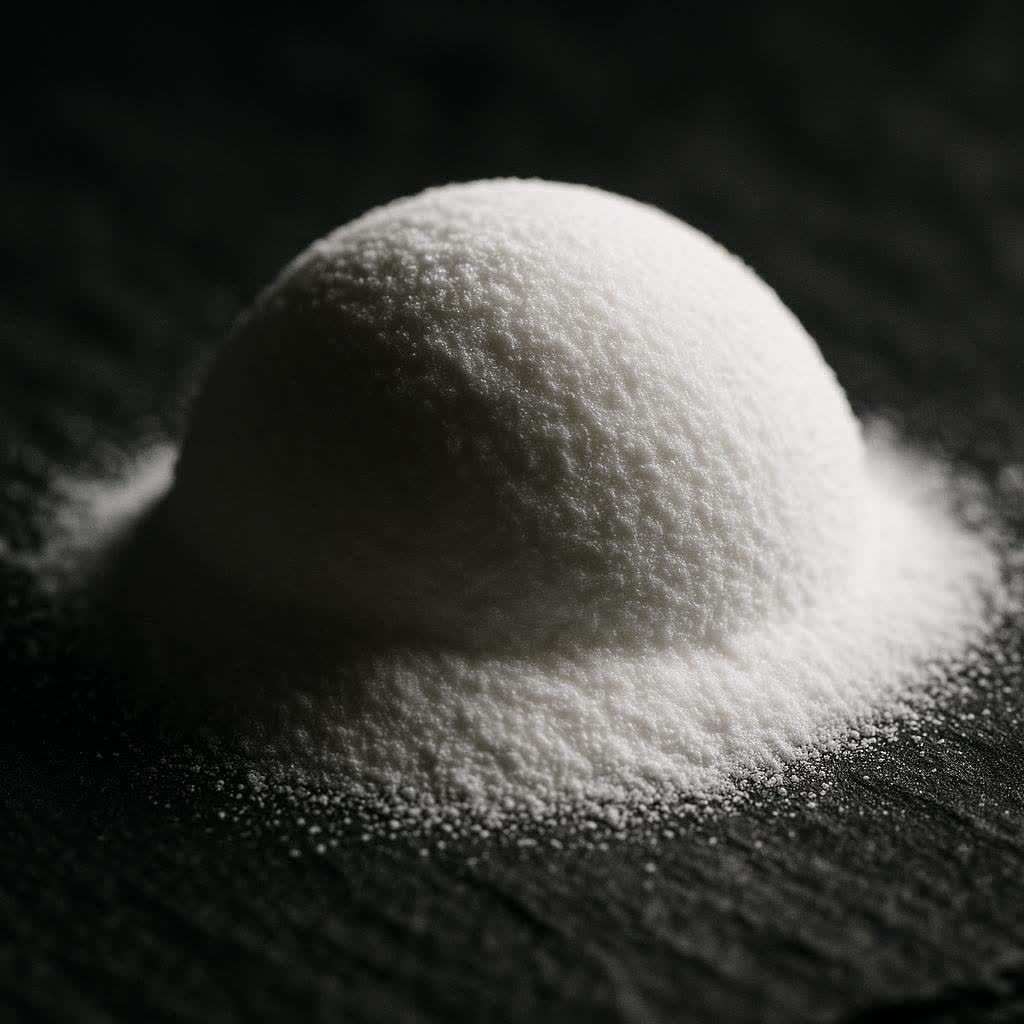 A close-up, high-contrast photo of a scoop of creatine powder, a core supplement for muscle growth.