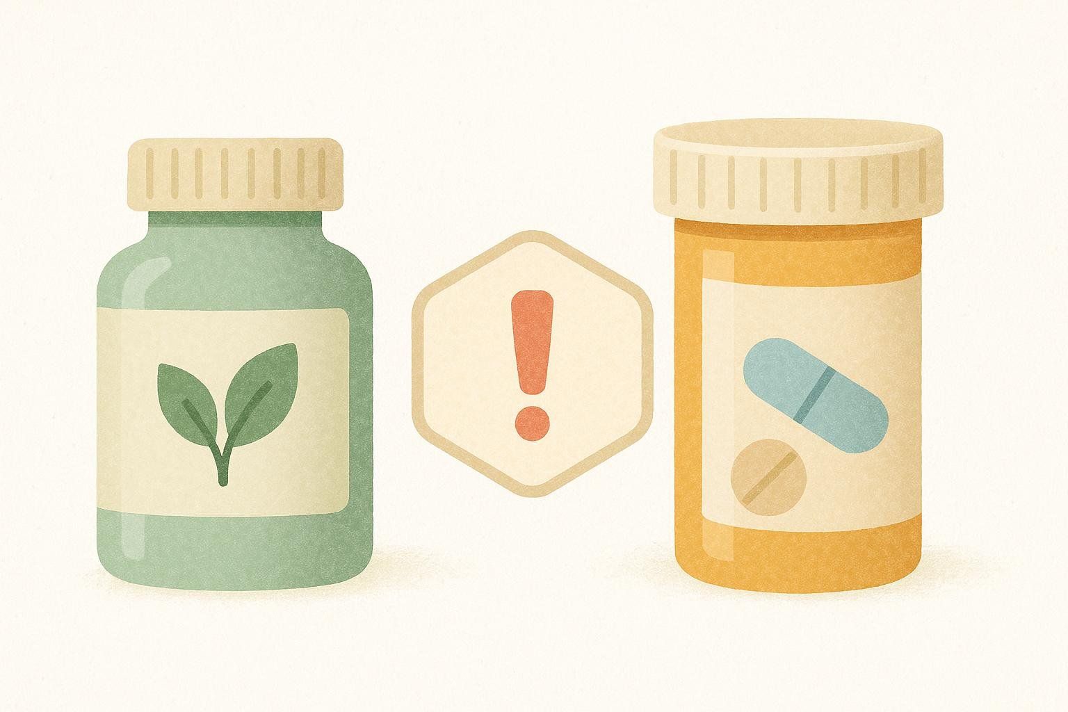 An illustration of a supplement bottle and a prescription bottle with a caution symbol between them, signifying potential drug interactions.