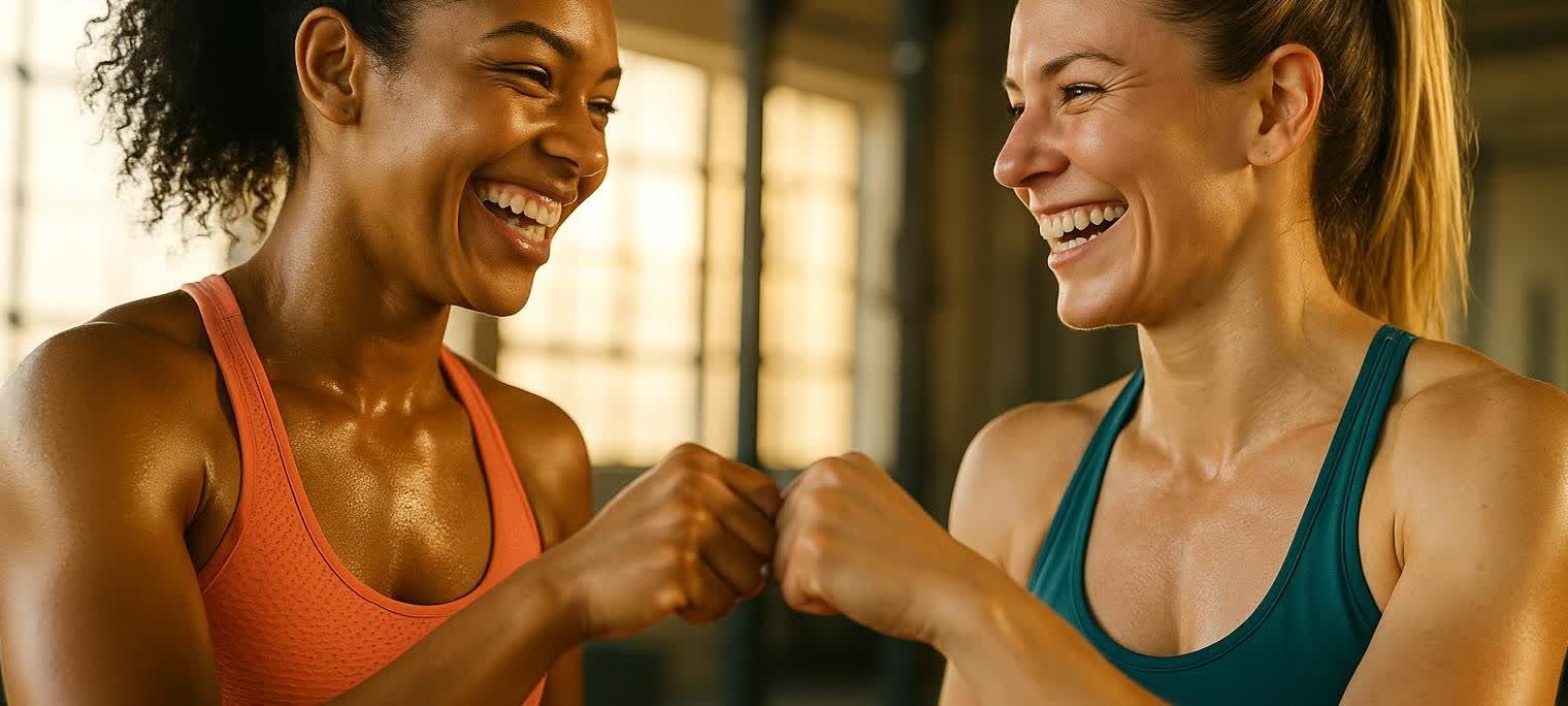 Two women celebrating with a fist bump in a bright gym, representing the community aspect of CrossFit.