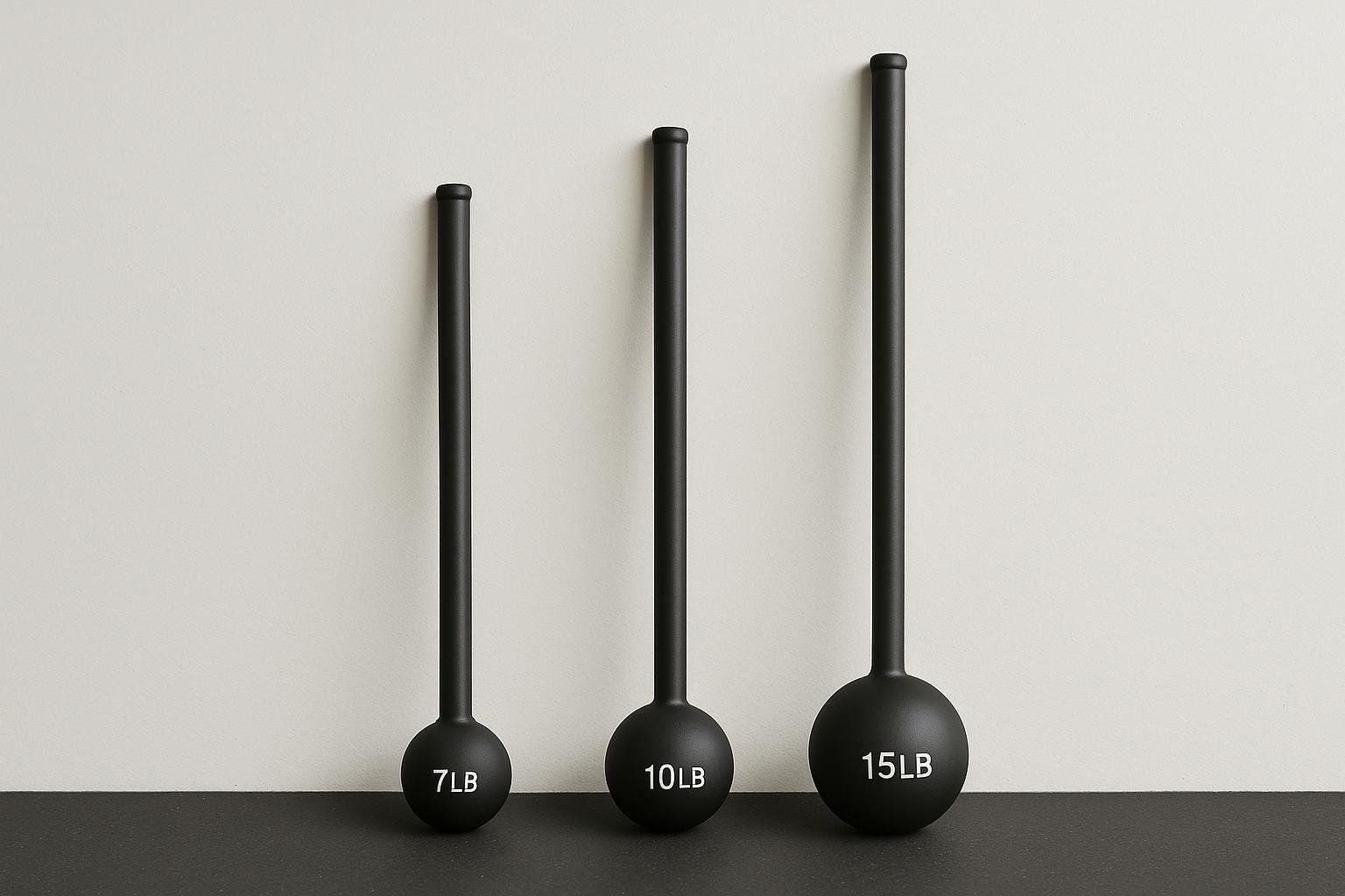 Three black steel maces of increasing size (7, 10, and 15 pounds) are lined up against a light gray wall with a black floor.