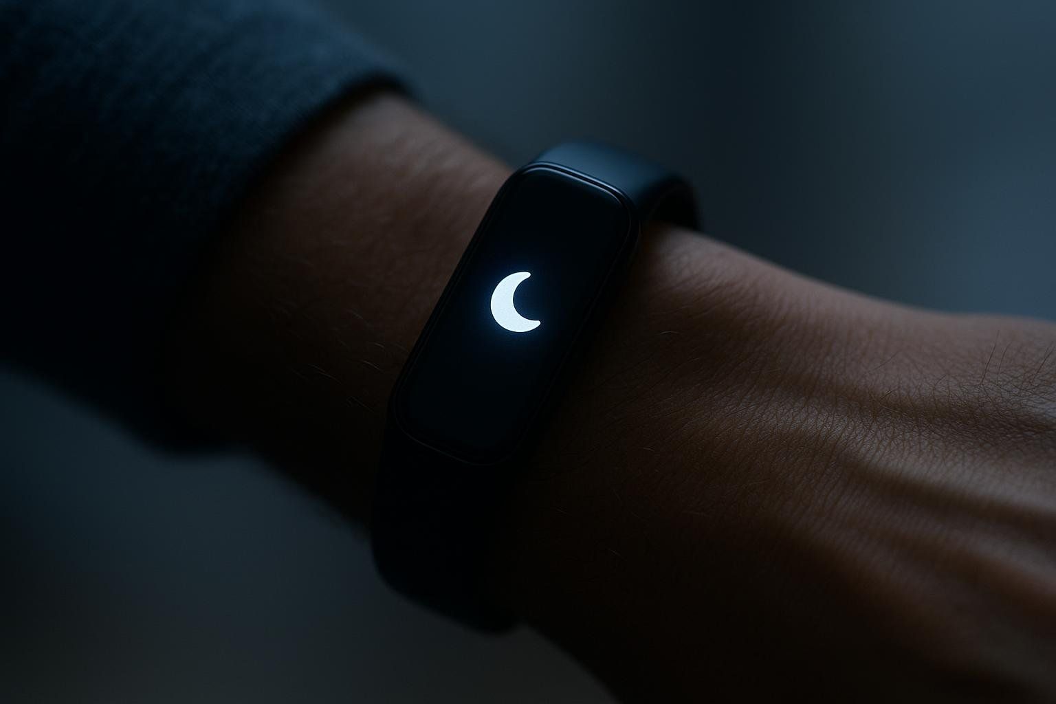 A close-up of a wearable fitness tracker on a wrist, its dark screen prominently displaying a bright white crescent moon icon, indicating sleep tracking mode. The image is taken in low light conditions, emphasizing the screen's glow.